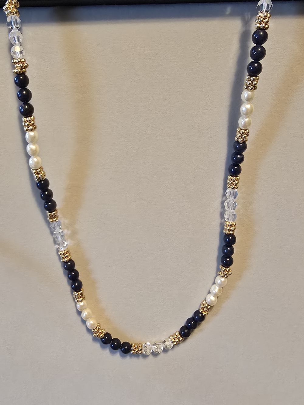 AlexNicole Navy and Pearl Beaded Necklace with Gold Accents
